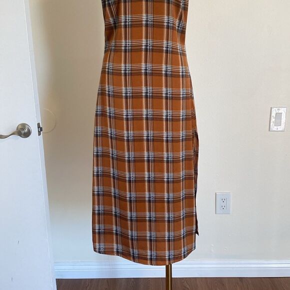 William B Burnt Orange Plaid Grunge Midi Slip Dress with Thigh Split Size Small - Picture 4 of 14